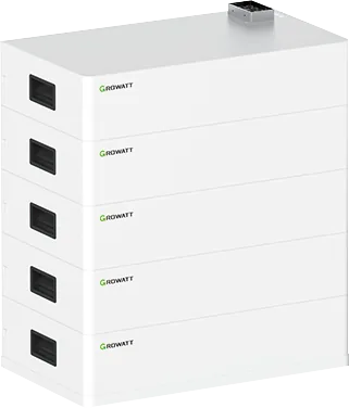 Modułowy magazyn energii Growatt w konfiguracji wieżowej, pięć modułów bateryjnych z jednostką sterującą