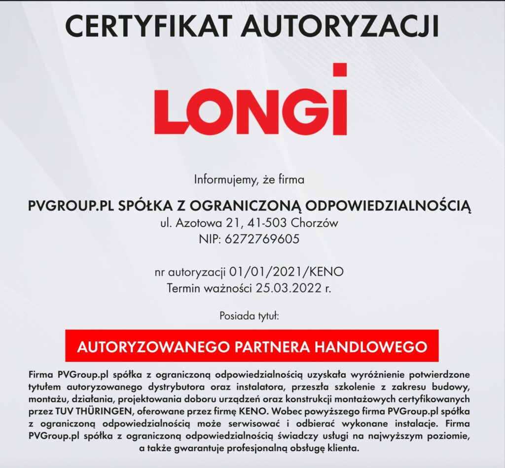 Certyfikat Longi dla PVGroup.pl