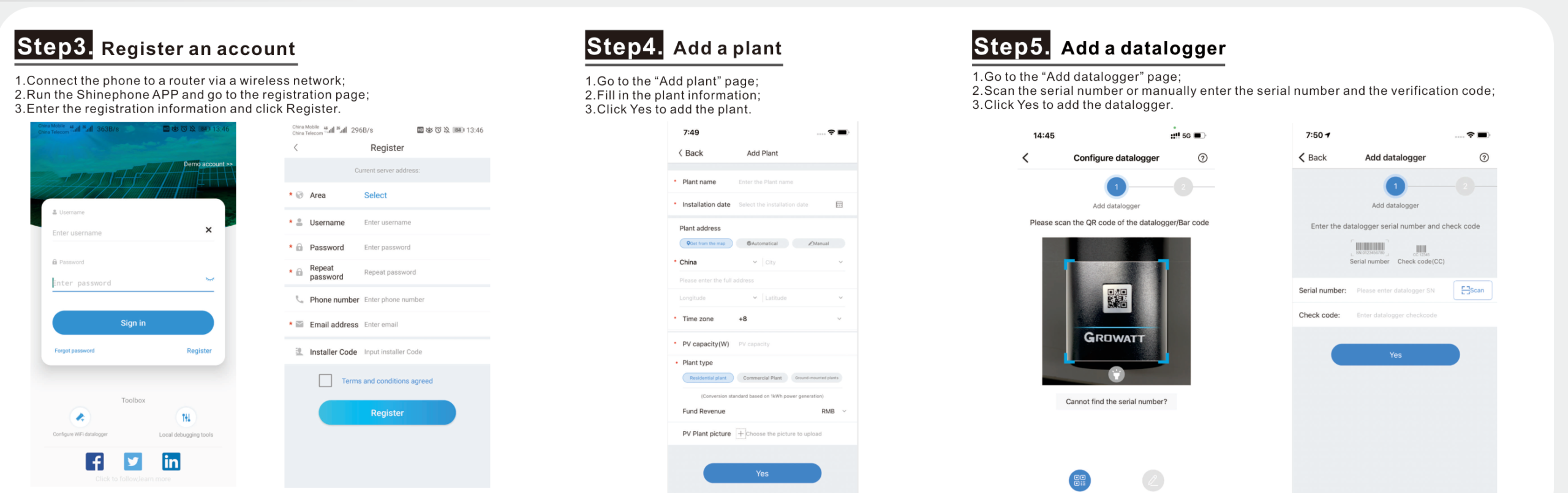 Aplikacja Growatt ShinePhone — ekrany rejestracji konta, dodawania instalacji i datalogera (Step 3-5 przewodnika konfiguracji)