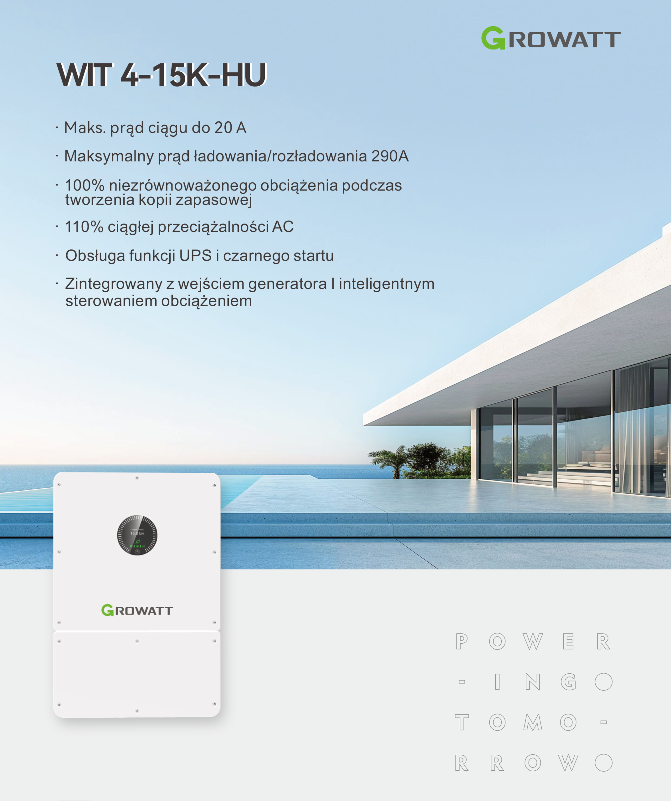 Bateria do Growatt WIT 4-15K-HU — okładka karty katalogowej falownika hybrydowego z prądem ładowania do 290 A