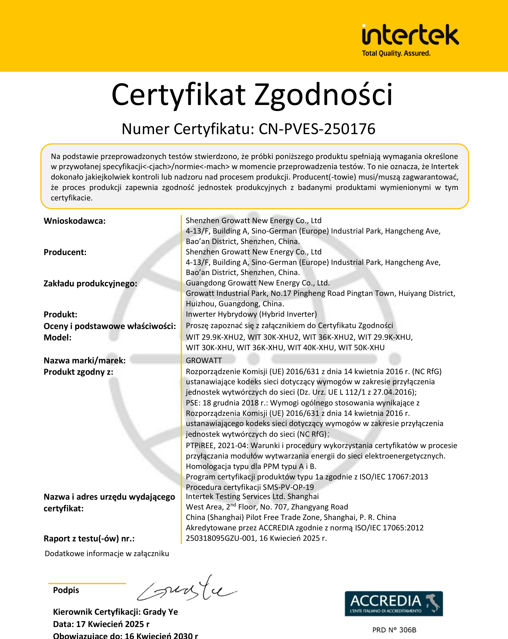 Certyfikat Growatt NC RfG nr CN-PVES-250176 dla falowników WIT — strona tytułowa z zakresem modeli i ważnością do 16 kwietnia 2030 r.