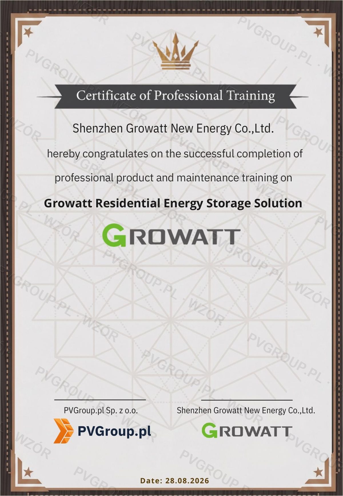 Certyfikat ukończenia szkolenia technicznego Growatt, sygnowany przez producenta i PVGroup.pl