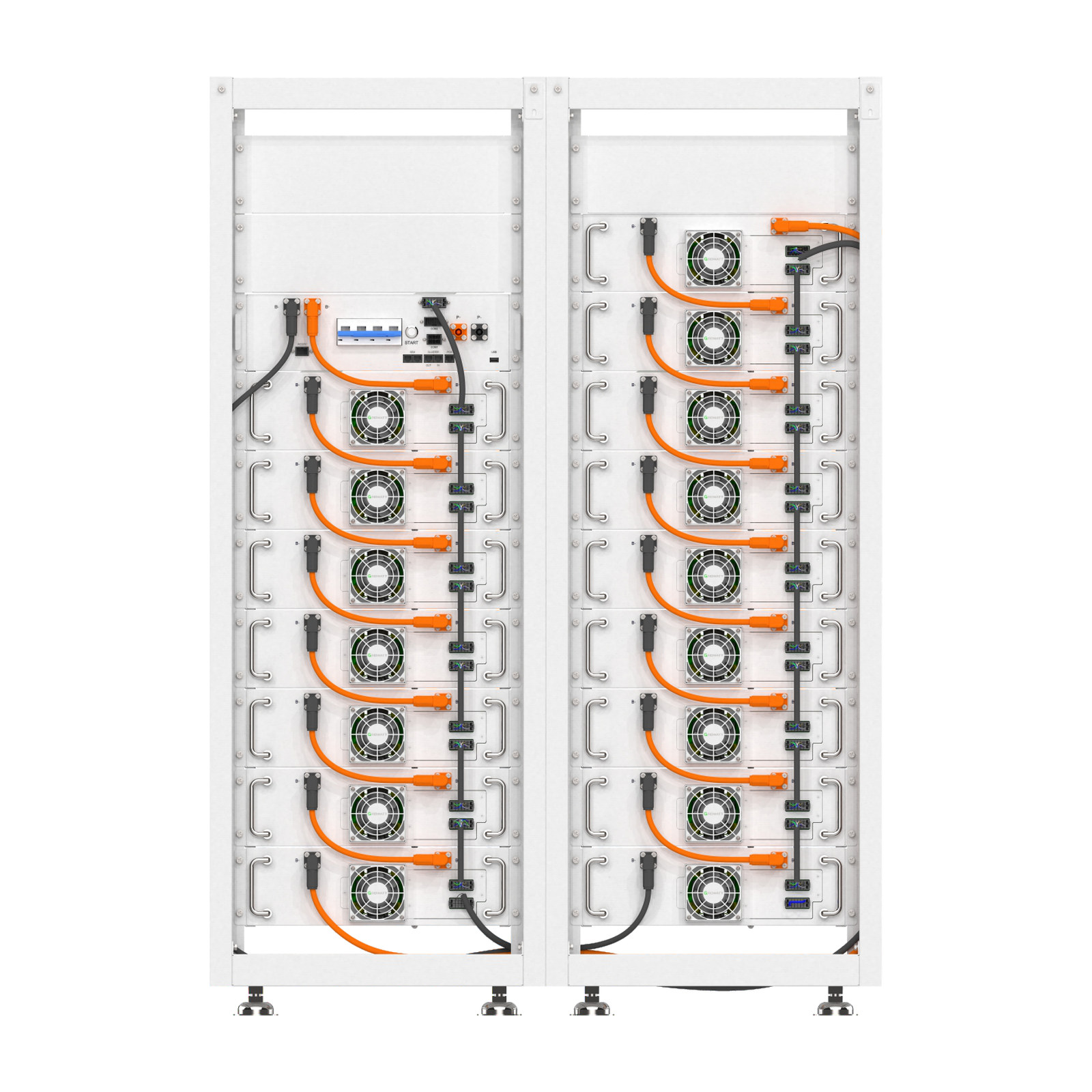 growatt axe 100 kwh rackowy system magazynu energii 01 clean magazyn energii 100 kwh Magazyn energii 100 kWh Growatt AXE – dwie szafy typu rack z modułami AXE 5.0H-E1, render producenta